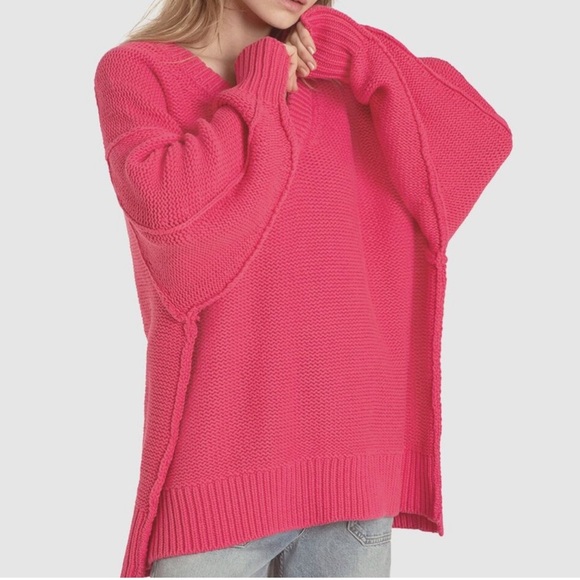 NWT FREE PEOPLE alli V neck chunky oversized sweater strawberry spritz size L - Picture 5 of 11